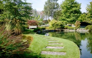 parc aménagé en pépinière avec banc et pas japonais