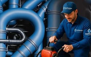 Mon Plombier devant un réseau de tuyauteries