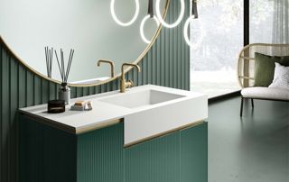 Salle de bain de couleur verte avec évier et grand miroir